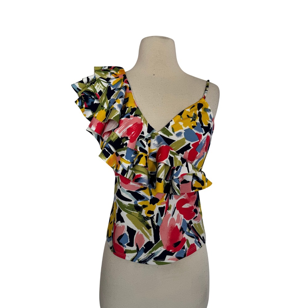 Nylon Apparel Womens Large One Shoulder Ruffle Top Abstract Floral Multicolor